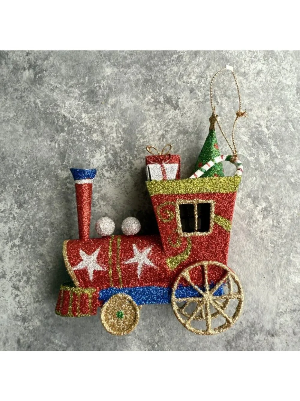 Pier 1 Red Locomotive Train Glitter Ornament